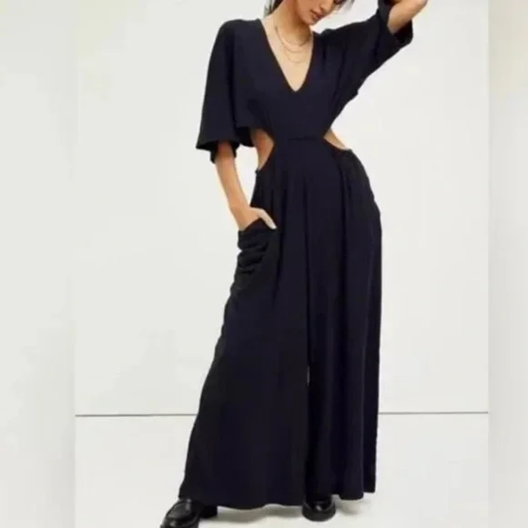 Free People Ready To Go One Cut Out Wide Leg Relaxed Peachy Jumpsuit Women’s M - Picture 3 of 12